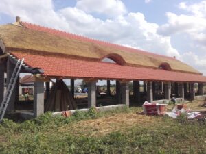 Állattartó telep hodály nádfedéssel, természetes hő- és páraszabályozással