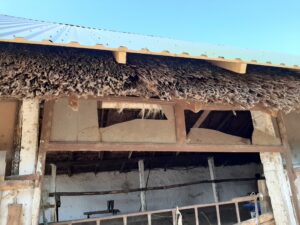 Régi nádtetőre készített lemezfedés hodály épületnél