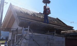 Új nádtető rétegek közé permetezett Commu Nova lángmentesítő kezelés kivitelezés közben